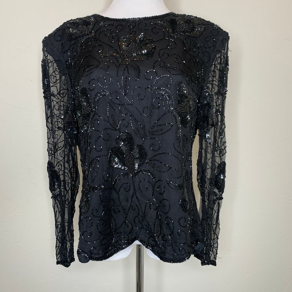 Vintage Black Sequin Fully Beaded Blouse Long Sleeve Sz Small Medium